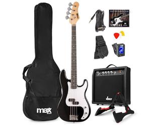 Max Gigkit Basse Electrique, Kit Complet Ampli 40 Watts, Housse, Stand, Cordes de Rechange, Accordeur, Sangle, Câble Jack et Médiators, Idéal pour Musicien Débutant ou intermédiaire - Noir