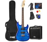 Max Pack Guitare Électrique Style Quilted avec Ampli 40 Watts et Nombreux Accessoires, Housse, Accordeur, Cordes de rechange, Sangle, Câble 3m et Médiators, Kit Complet pour Bien Débuter - Bleu