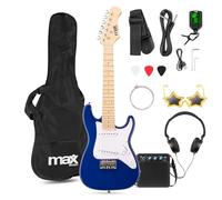 MAX GigKit Junior Guitare Électrique Enfant 1/4 Bleue avec Ampli 10W, Housse, Accessoires et Lunettes de Star, Kit Complet Débutant Garçon ou Fille (5 à 7 Ans), Idéale pour Apprendre et s’Amuser