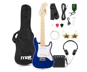 MAX GigKit Junior Guitare Électrique Enfant 1/4 Bleue avec Ampli 10W, Housse, Accessoires et Lunettes de Star, Kit Complet Débutant Garçon ou Fille (5 à 7 Ans), Idéale pour Apprendre et s’Amuser