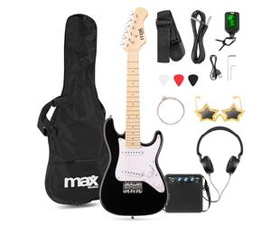 MAX GigKit Junior Guitare Électrique Enfant 1/4 Noire avec Ampli 10W, Housse, Accessoires et Lunettes de Star, Kit Complet Débutant Garçon ou Fille (5 à 7 Ans), Idéale pour Apprendre et s’Amuser