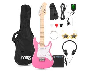 MAX GigKit Junior Guitare Électrique Enfant 1/4 Rose avec Ampli 10W, Housse, Accessoires et Lunettes de Star, Kit Complet Débutant Garçon ou Fille (5 à 7 Ans), Idéale pour Apprendre et s’Amuser
