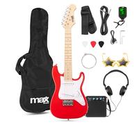 MAX GigKit Junior Guitare Électrique Enfant 1/4 Rouge avec Ampli 10W, Housse, Accessoires et Lunettes de Star, Kit Complet Débutant Garçon ou Fille (5 à 7 Ans), Idéale pour Apprendre et s’Amuser
