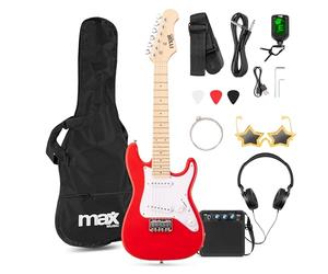 MAX GigKit Junior Guitare Électrique Enfant 1/4 Rouge avec Ampli 10W, Housse, Accessoires et Lunettes de Star, Kit Complet Débutant Garçon ou Fille (5 à 7 Ans), Idéale pour Apprendre et s’Amuser