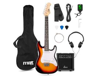 MAX GigKit Junior Guitare Électrique Enfant 3/4 Sunburst avec Ampli 20W, Housse, Sangle, Câble et Accessoires, Kit Complet Débutant Garçon ou Fille 8 à 12 Ans, Idéale pour Apprendre et s’Amuser
