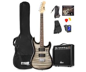 Max Pack Guitare Électrique Style Quilted avec Ampli 40 Watts et Nombreux Accessoires, Housse, Accordeur, Cordes de rechange, Sangle, Câble 3m et Médiators, Kit Complet pour Bien Débuter - Noir