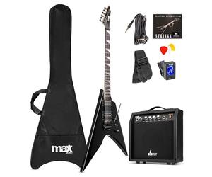 Max Pack Guitare Électrique Style V avec Ampli 40 Watts et Nombreux Accessoires, Housse, Accordeur, Cordes de rechange, Sangle, Câble 3m et Médiators, Kit Complet pour Bien Débuter - Noir