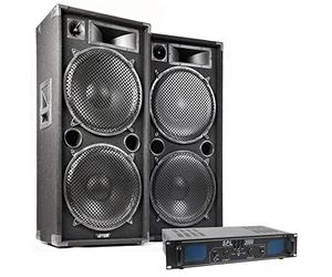 MAX SKYTEC Pack Complet Max215 - Enceinte Passive Puissante 2X 15 2000W avec Amplificateur 2X 1000W, Câbles Haut-Parleurs Intégrés, Idéal pour Soirées et Karaokés