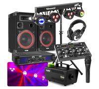 MAX SKYTEC Pack Disco DJ - Enceinte 500W, Jeux de Lumière sur Barre en T Contrôle par Télécommande, Amplificateur 2X 250W, Machine à Fumée avec Liquide Inclus, Table de Mixage
