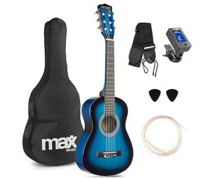Max SoloArt Pack Guitare Classique Junior 1/4 - Bleue, Cordes en Nylon, 4 à 6 ans, Sac de Transport, Médiators, Sangle, un Cadeau pour Enfants Idéal pour Débuter la Guitare