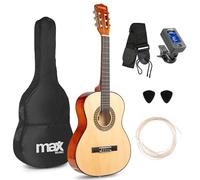 Max SoloArt Pack Guitare Classique Junior 3/4 - Bois Naturel Clair, Cordes en Nylon, 8 à 12 ans, Sac de Transport, Médiators, Sangle, un Cadeau pour Enfants Idéal pour Débuter la Guitare