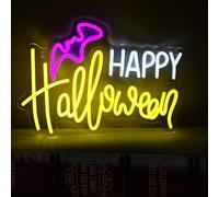 MaxAwe Panneau lumineux néon LED Happy Halloween à intensité variable, 40 x 29 cm, alimenté par USB avec interrupteur coloré pour décorations d'Halloween, parc d'attractions, chambre fantôme