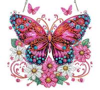 MAXBYE Diamond Painting Art Pendentif Papillon Rose, Diamond Painting Hanging Images de Fenêtre avec Chaîne, Broderie Diamant Pendentif pour Adulte Diamant Art Porte et Fenêtre Décoration 20x20 cm