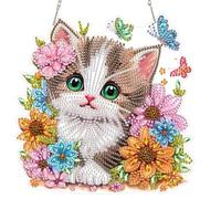 MAXBYE Diamond Painting Pendentif Chat Mignon, Diamond Painting Hanging Images de Fenêtre avec Chaîne, Fleurs Broderie Diamant Pendentif pour Adulte Diamant Art Porte et Fenêtre Décoration 20x20 cm