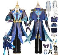 MAXCBD Genshin Impact Neuvillette Cosplay Costume Tenue Jeu Personnage Uniforme Ensemble Complet Halloween Fête Carnaval Habiller Costume avec Perruque pour Hommes Garçons (M)