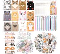 Maxdot Lot de 24 mini carnets, 258 pièces sur le thème du chat, cadeaux de retour, mini carnets, stylos, autocollants trombones pour fête d'anniversaire, salle de classe, récompense, cadeau de
