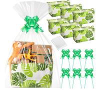 Maxdot Lot de 6 paniers cadeaux rectangulaires en forme de feuille de palmier vert vides pour fête safari, sacs transparents avec nœuds, paniers de rangement pour vêtements verts avec poignées pour