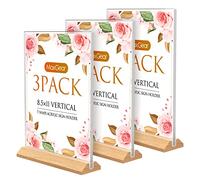 MaxGear Lot de 3 supports de panneau en acrylique transparent de 21,6 x 27,9 cm avec base en bois, cadre incliné en forme de T, support de papier en plastique, base amovible, support de menu pour