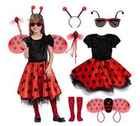 MAXHJX Costume Coccinelle Robe pour Filles: Déguisement Ladybug de Carnaval avec Ailes Baguette Magique et Lunettes - Coccinelle Déguisement pour Halloween et Cosplay (Coccinelle, 110(3-4 ans))