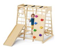 Maxi aire de jeux pour enfants - Aire de jeux intérieure 9 en 1 avec toboggan, mur d’escalade, échelle de corde, balançoire et anneaux de gymnastique, pliable en bois massif, 121 x 112 x 120 cm