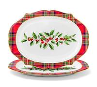 MAXI PRODUCTS - Lot de 2 plateaux jetables en carton tartan et houx - Assiettes, verres, serviettes et nappe - Décoration de table de Noël - Motif tartan - Célébrations de Noël - 27 x 37 cm