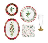 MAXI PRODUCTS - Vaisselle jetable de Noël 6 personnes Tartan et houx - Assiettes, gobelets, serviettes et nappe - Décoration de table de Noël - Motif tartan avec houx - Célébrations de Noël