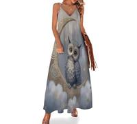 Maxi Robe d'Été Femme Nuages De Rêve Robe Longue col en V avec Bretelles Spaghetti Robe de Plage Chouette De Dessin Animé sans Manches pour Plage Vacances Voyage Estivale