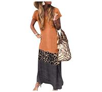 Maxi Robe Femme Patchwork Manche Courte Col en V Robe de Plage Grande Taille Robe Longue Tricolore Imprimee Leopard Habille Caftan Robe de Vacance Cockail Soiree Casual Maxi Dress
