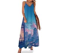 Maxi Robe V Col sans Manches Style Anime Robe D'été Longue Femme Vue Nocturne De La Ville Robes de Plage A Line Fluide Legere Robes de Soiree Femme Chic et Glamour