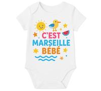 MAXI SHIRT Body C'est Marseille Bébé, Vêtement Enfant Blanc avec Motifs d'Été, Combinaison Une Pièce (6/12 mois)