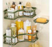 MAXIFFE Lot de 3 étagères de douche d'angle avec porte-savon, étagère de douche d'angle avec 8 crochets, étagère de douche murale pour salle de bain, cuisine, comptoir, vert forêt