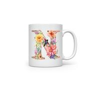 MAXIKIWI - Tasse à café ou à thé en céramique lisse et durable pour la maison ou le bureau - Parfait pour toutes les occasions - Lettre de l'alphabet libellule et fleur - 350 ml