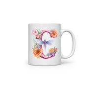 MAXIKIWI - Tasse à café ou à thé en céramique lisse et durable pour la maison ou le bureau - Parfait pour toutes les occasions - Lettre de l'alphabet libellule et fleur - 350 ml