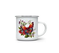 MAXIKIWI - Tasse à café ou thé en émail durable pour l'intérieur et l'extérieur - Aquarelle florale papillon rouge - 350 ml