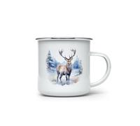 MAXIKIWI - Tasse à café ou thé en émail durable pour l'intérieur et l'extérieur - Cerf d'hiver dans l'aquarelle de neige - 350 ml
