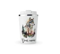 MAXIKIWI - Tasse isotherme à double paroi en acier inoxydable anti-fuite avec couvercle, garde les boissons chaudes et froides - Aquarelle murale loup - 350 ml