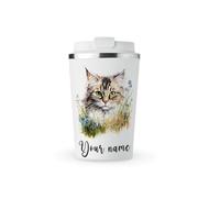 MAXIKIWI - Tasse isotherme à double paroi en acier inoxydable anti-fuite avec couvercle, garde les boissons chaudes et froides - Aquarelle chat - 350 ml