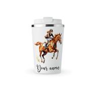 MAXIKIWI - Tasse isotherme à double paroi en acier inoxydable anti-fuite avec couvercle, garde les boissons chaudes et froides - Clip aquarelle cheval d'équitation - 350 ml