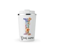 MAXIKIWI - Tasse isotherme à double paroi en acier inoxydable étanche avec couvercle, garde les boissons chaudes et froides - Motif alphabet floral aquarelle - 350 ml
