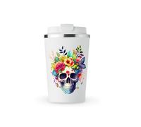 MAXIKIWI - Tasse isotherme à double paroi en acier inoxydable étanche avec couvercle, garde les boissons chaudes et froides - Aquarelle crâne floral - 350 ml