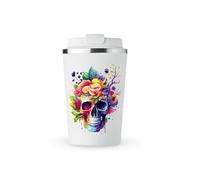 MAXIKIWI - Tasse isotherme à double paroi en acier inoxydable étanche avec couvercle, garde les boissons chaudes et froides - Aquarelle crâne floral - 350 ml