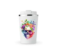 MAXIKIWI - Tasse isotherme à double paroi en acier inoxydable étanche avec couvercle, garde les boissons chaudes et froides - Aquarelle crâne floral - 350 ml