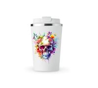 MAXIKIWI - Tasse isotherme à double paroi en acier inoxydable étanche avec couvercle, garde les boissons chaudes et froides - Aquarelle crâne floral - 350 ml
