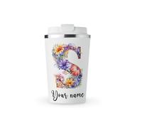 MAXIKIWI - Tasse isotherme à double paroi en acier inoxydable étanche avec couvercle, garde les boissons chaudes et froides - Motif alphabet floral aquarelle - 350 ml