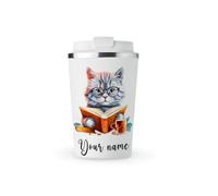 MAXIKIWI - Tasse isotherme à double paroi en acier inoxydable étanche avec couvercle, gobelet de voyage pour café ou thé - Garde les boissons chaudes et froides - Livre de lecture chat gris - 350 ml