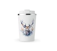 MAXIKIWI - Tasse isotherme à double paroi en acier inoxydable étanche avec couvercle, gobelet de voyage pour café ou thé - Garde les boissons chaudes et froides - Cerf d'hiver dans l'aquarelle de