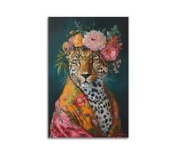 Maximalist Eclectic Fashionista Impression d'art léopard Portrait d'animal audacieux, portrait animal modifié, amusant, coloré, fleuri vintage, art floral, peinture décorative sur toile, affiches