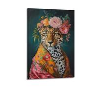 Maximalist Eclectic Fashionista Impression d'art léopard Portrait d'animal audacieux, portrait animal modifié, amusant, coloré, fleuri vintage, art floral, peinture décorative sur toile, affiches