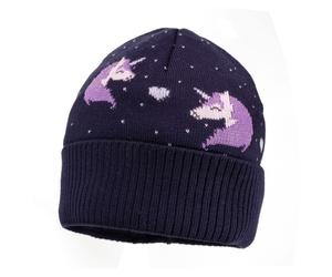 maximo - Girl's Unicorn Beanie with Turn-up and Lining - Bonnet - 49-51 cm - navy / chive blossom