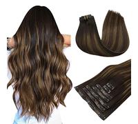 MAXITA Lot de 7 extensions de cheveux humains à clipser - 150 g - Balayage brun foncé mélangé châtain - 50 cm - Extensions lisses sans couture pour femme